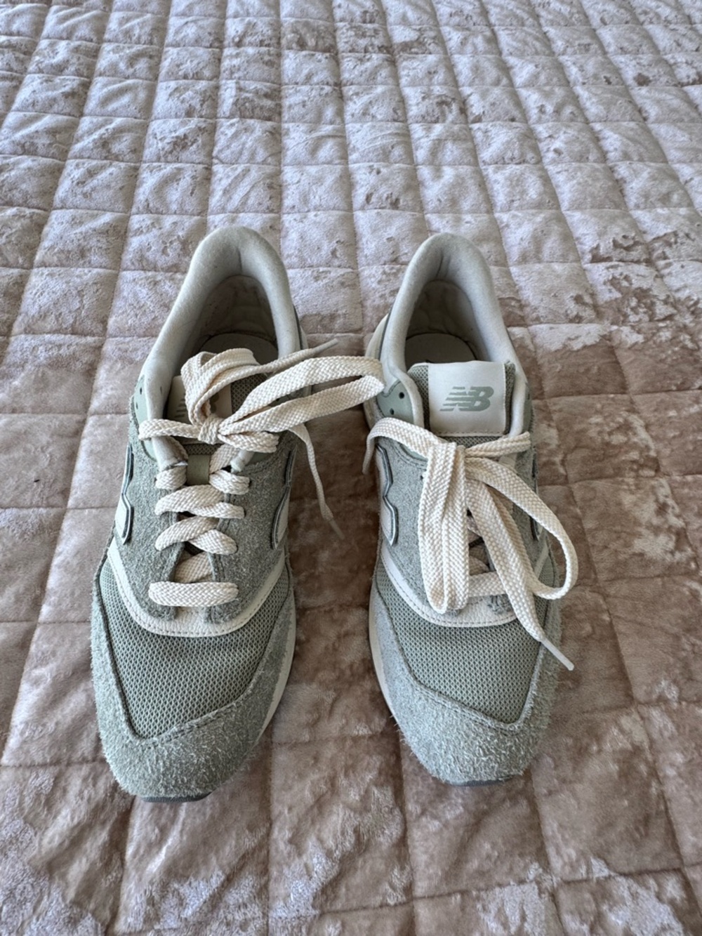 New Balance Women’s Light Gray Suede & Mesh Sneakers with Cream Laces